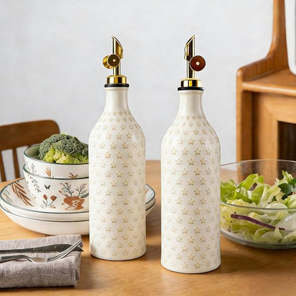 Ceramic Olive Oil Dispenser Bottle for Kitchen with Gravity Spout, 19 oz Opaque Relief Oil Cruet with Funnel, Oil Container for EVOO, Vinegar, and Soy Sauce (Petal Design)