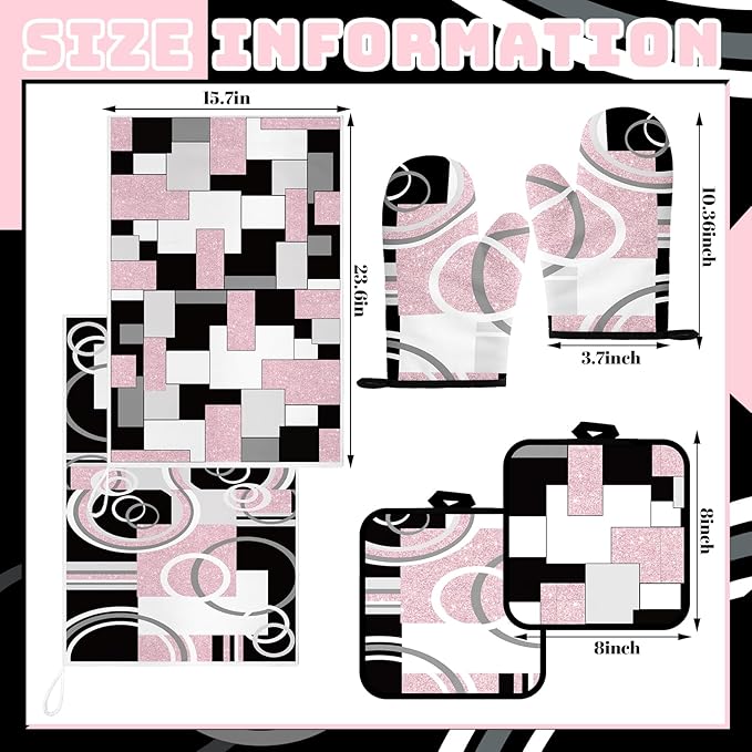 Jingmore 6 Pcs Kitchen Decor Set Accessory Farmhouse Kitchen Towels Pot Holders Oven Mitts Set 2 Dish Towels 2 Pot Holders 2 Cooking Mittens Oven Glove for Cooking (Pink, White, Black,Geometric) - Image 4