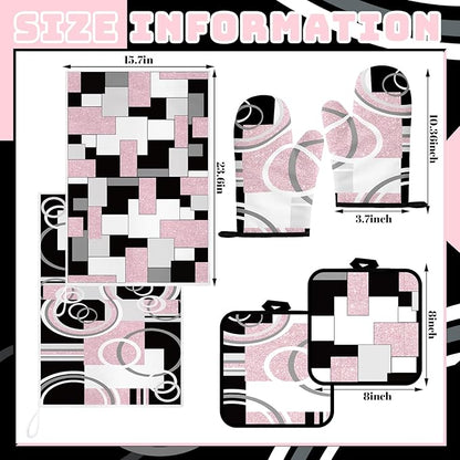 Jingmore 6 Pcs Kitchen Decor Set Accessory Farmhouse Kitchen Towels Pot Holders Oven Mitts Set 2 Dish Towels 2 Pot Holders 2 Cooking Mittens Oven Glove for Cooking (Pink, White, Black,Geometric) - Image 4