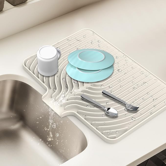 Dish Drying Mat for Kitchen Counter, with Built-in Drain Lip, Food-Grade Silicone, Easy Clean Pad for Countertop Protection, Multi-Functional Use (18x11.8, Beige) by JACZZO