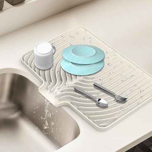 Dish Drying Mat for Kitchen Counter, with Built-in Drain Lip, Food-Grade Silicone, Easy Clean Pad for Countertop Protection, Multi-Functional Use (18x11.8, Beige) by JACZZO