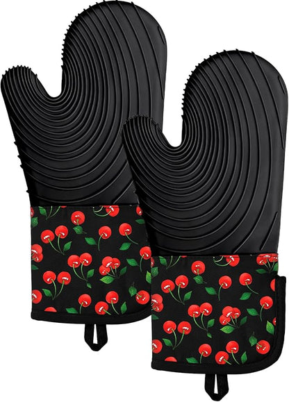 Slohif Long Silicone Oven Mitts Heat Resistant for Women - 2 Pcs Y2K Cherry 100% Cotton Oven Gloves, Non-Slip and Waterproof Silicone Oven Mitts with Hanger for Baking and Cooking