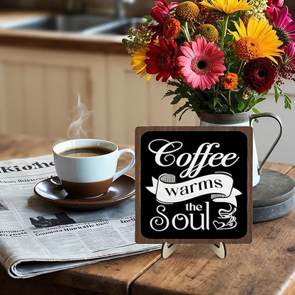 Coffee Bar Sign Plaque, Vintage Café Decor for Kitchen, Rustic Farmhouse Cafe Accessories, Themed Wall Sign for Home - Coffee Warms the Soul - Gift Idea (Black&Brown4, 5.9x5.9inches) - Image 6