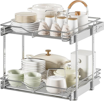 DINDON Pull Out Cabinet Organizer (22-1/2" W x 21-1/2"D), Cabinet Pull Out Shelves, 2 Tier Pull Out Drawers for Kitchen Cabinets, Wire Basket Slide Out Shelf, Pot and Pan Organizer by DINDON