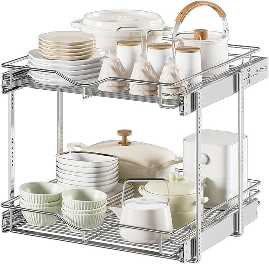 DINDON Pull Out Cabinet Organizer (22-1/2" W x 21-1/2"D), Cabinet Pull Out Shelves, 2 Tier Pull Out Drawers for Kitchen Cabinets, Wire Basket Slide Out Shelf, Pot and Pan Organizer by DINDON