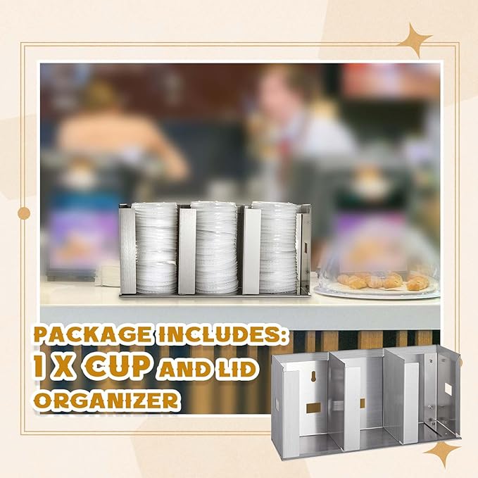 Hicarer 3 Compartments Stainless Steel Cup Dispenser with Adjustable Dividers Silver Cup and Lid Holder Lid Organizer Storage for Cabinet Kitchen Cafe Tea Shop Restaurant, Silver - Image 3
