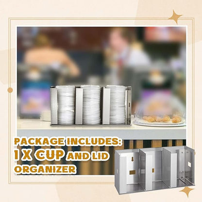 Hicarer 3 Compartments Stainless Steel Cup Dispenser with Adjustable Dividers Silver Cup and Lid Holder Lid Organizer Storage for Cabinet Kitchen Cafe Tea Shop Restaurant, Silver - Image 3