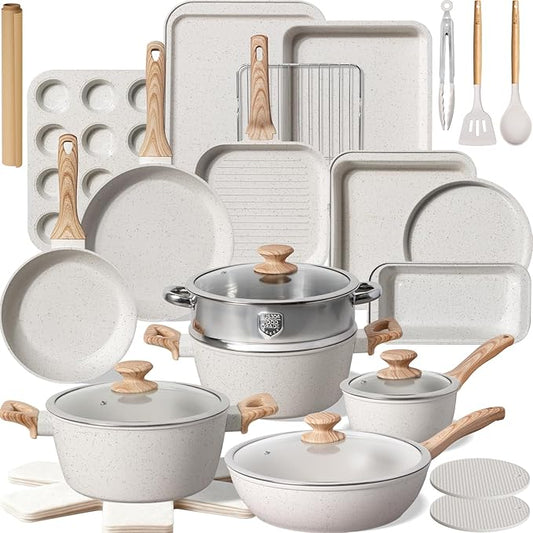 Kikcoin Pots and Pans Set Non Stick 31 Piece Kitchen Nonstick Cooking Cookware Sets with Grill Pan Saucepan Baking Sheet Utensil, Cream White by Kikcoin