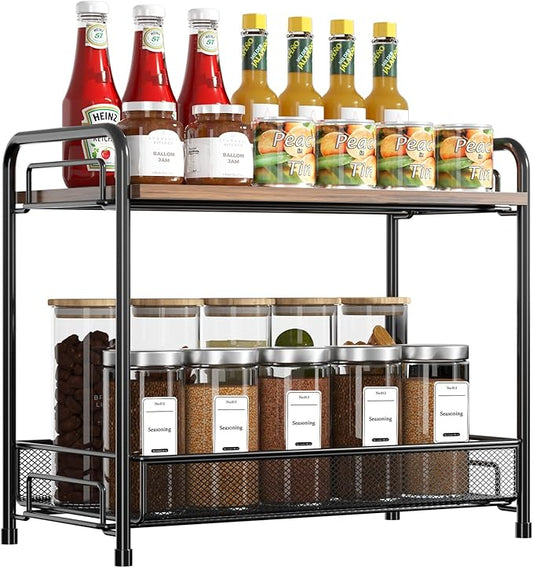 Spice Rack Organizer for Countertop with Wood Top, 2-Tier Foldable Metal Rust-Proof Standing Large Seasoning Storage Shelf with Guardrail & Mesh Design for Kitchen Cabinet Living Room, Black by Xpatee