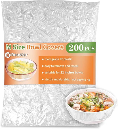 200 Pcs Bowl Covers for Bread Proofing, Plastic Shower Caps for Sourdough Bread, Food Covers Stretch Reusable Elastic, Keep Food Fresh and Dust Away by Reastar
