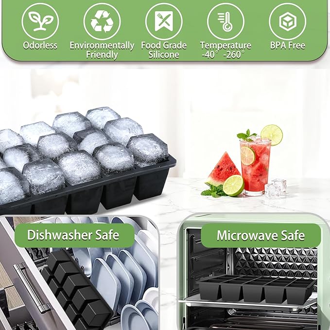 Ice Cube Trays for Freezer, 2 Pack Easy Release Slicone Ice Cube Tray with Lid, BPA Free Stackable Flexible Ice Molds 15 Square Reusable Ice Cubes for Whiskey, Baby Food, Iced Coffee (Black) - Image 5