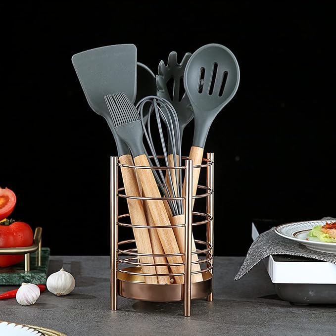 Copper Kitchen Utensil Holder for Kitchen Counter, Stainless Steel Utensil Crocks, Titanium Coating Utensil Storage Caddy Organizer, Cooking Utensil Holder, Easy Cleaning (Rose Gold/7.4''x5.2'') - Image 4