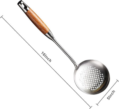 Slotted Spoon,304 Stainless Steel Skimmer Spoon with Heat Resistant Wooden Handle,Silver/15.8Inch - Image 2