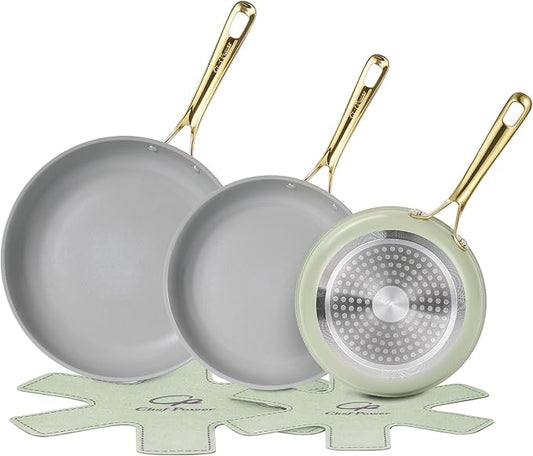 Chef Power Ceramic Frying Pan with Stainless Steel handle 5Pcs Set, Non Stick Grill Pan Set, Dishwasher and Oven Safe, Sage Green and Granite Grey