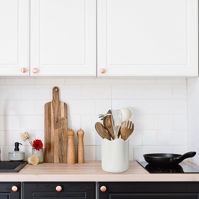 Ceramic Utensil Holder for Kitchen Counter, 6.2" Large Kitchen Utensil Holder for Countertop with Cork Bottom, Cooking Tool Organizer for Spatula, Matte White - Image 5