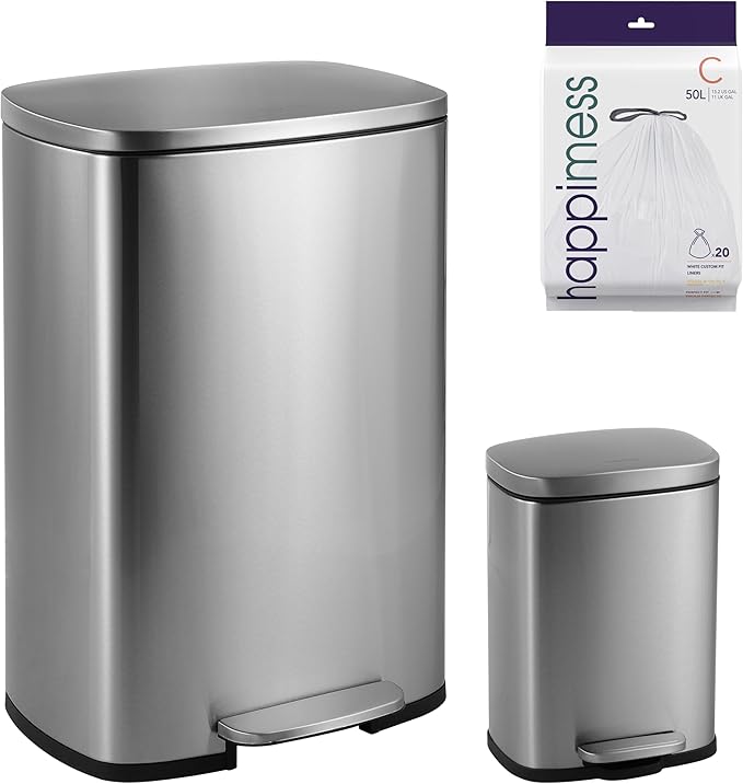happimess HPM1006A Connor Rectangular 13-Gallon Trash Can with Soft-Close Lid and Free Mini Trash Can, Fingerprint Resistant, Modern, Minimalistic for Home, Kitchen, Office, Bathroom, Steel by Happimess