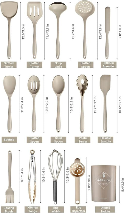 Silicone Kitchen Utensils Set - 15 Pieces Non Toxic Silicone Utensils Set For Cooking，428°F Heat Resistant Food Grade Kitchen Tools，Dishwasher Safe(Khaki, 15 Piece Set)