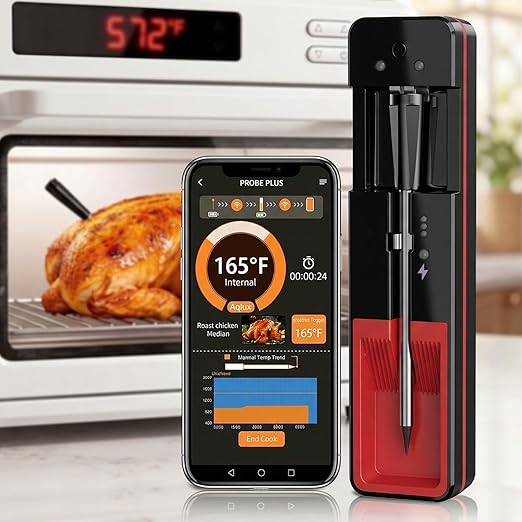 ±0.5°F Accuracy Shows Real-Time Temp Wireless Meat Thermometer: Smart 900ft Bluetooth Keeps Connection Across Wall - Meat Probe Withstands Max 572°F Heat Oven Safe Easy Setup App for BBQ Smoker Grill
