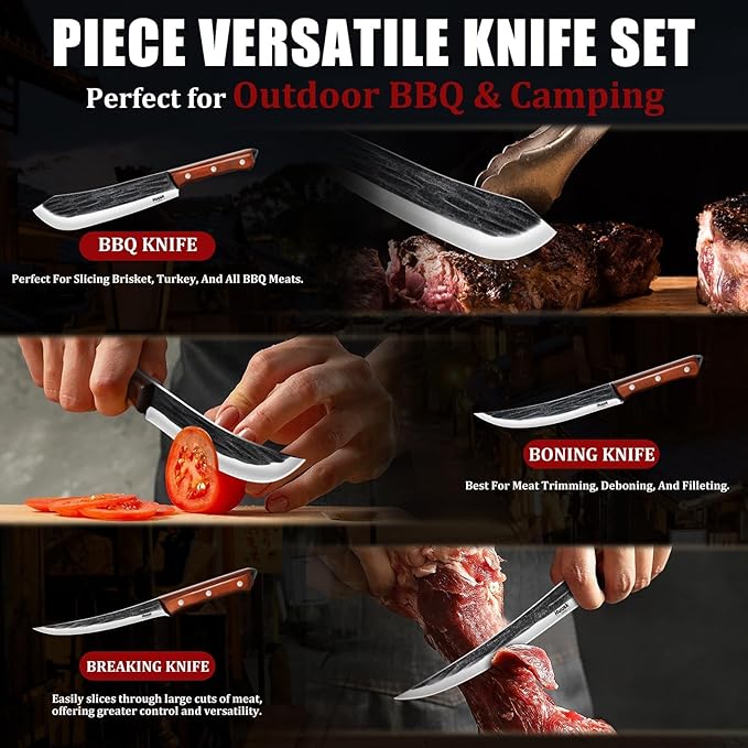 Huusk Butcher Knife Set for Meat Cutting, 3PCS Carving BBQ Brisket Knives, Hand-forged Kitchen Knive Set with Ergonomic Handle, Christmas Gifts for Men Women - Image 6