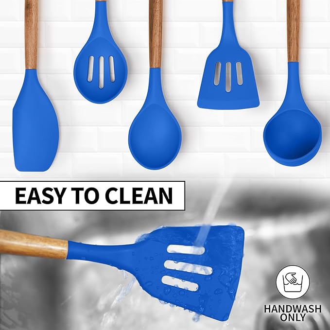 Zulay Kitchen Non-Stick Silicone Cooking Utensils Set with Acacia Wood Handles - 5 Piece Set - Heat Resistant to 464F - Dark Blue - Image 7
