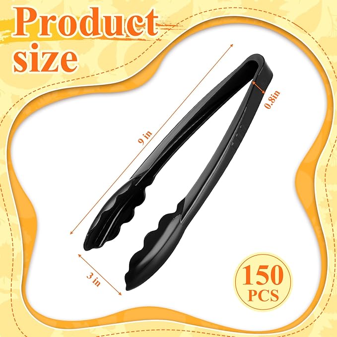 Tessco for you 150 Pcs Plastic Tongs for Serving Bulk, 9 Inch Plastic Disposable Serving Tongs, Heavy Duty Salad Tong for Kitchen, Buffet, BBQ, Events & Catering (Black) - Image 2
