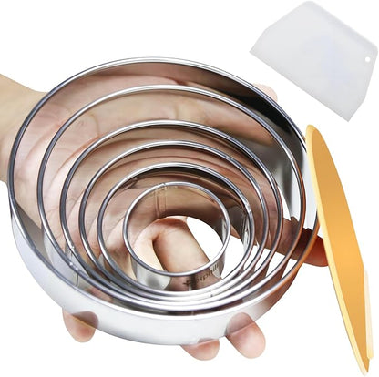 8pc Round & Circle Cookie Cutter Set with 2 Scrapers - 6 Stainless Steel Biscuit Cutters (2"-6", 1.18" Deep) - Includes 6" Bench Scraper & Silicone Bowl Scraper - Tools for Pastry, Donuts & Scones