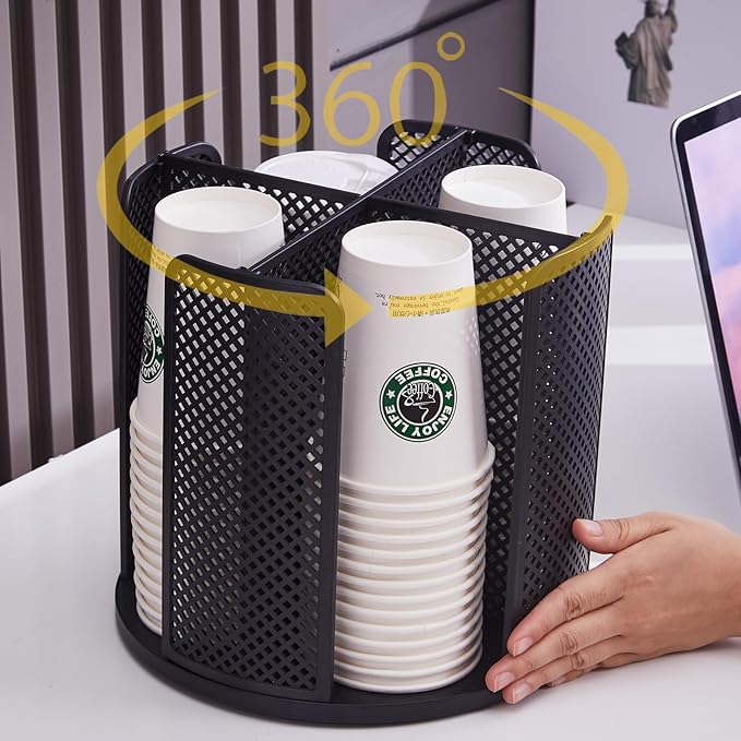 Coffee Cup Dispenser, Disposable Paper Cup and Lid Holder 360° Rotatable with 4 Compartments,Can Stacking 3-16oz Cups and Lid Holder for Coffee Shop,Home Countertop,Office,Restaurant,Kitchen by cupholder