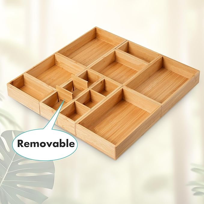 Fabsome Drawer Organizer, Set of 9 Bamboo Wood Kitchen Makeup Desk Junk Tea Drawer Storage Boxes Bins for Cutlery Silverware Utensils Flatware, Small Wooden Container Tray for Bathroom, Office - Image 9