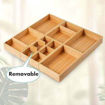 Fabsome Drawer Organizer, Set of 9 Bamboo Wood Kitchen Makeup Desk Junk Tea Drawer Storage Boxes Bins for Cutlery Silverware Utensils Flatware, Small Wooden Container Tray for Bathroom, Office - Image 9
