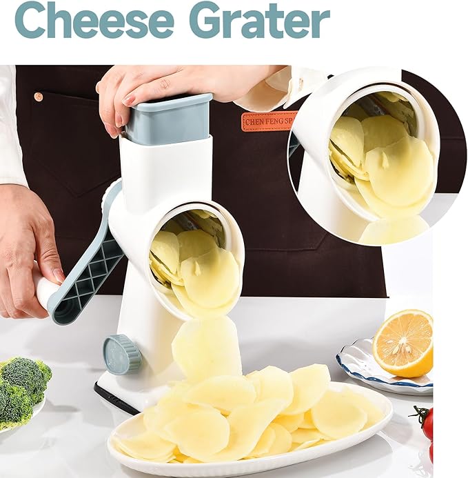 Rotary Cheese Grater with Handle Kitchen Shredder Slicer Grater Slicer Ice Shaver Cheese Vegetable Nuts Potato Zucchini Chocolate 3 Interchangeable Blades (WhiteBlue) - Image 7
