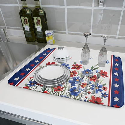 4th of July Dish Drying Mats for Kitchen Counter Patriotic Star Microfiber Absorbent Dish Drainer Rack Mat Summer Floral Independence Day Protector Sinks Dishes Pad for Countertop Table Decor 16”x18”