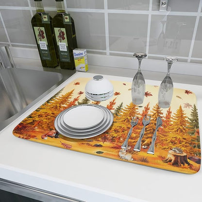 Autumn Forest Dish Drying Mat - Welcome Fall Fox Drying Pad for Counter Wildlife Dish Drainer Mat Cabin Animal Kitchen Accessories 18 X 24 Inch - Image 6