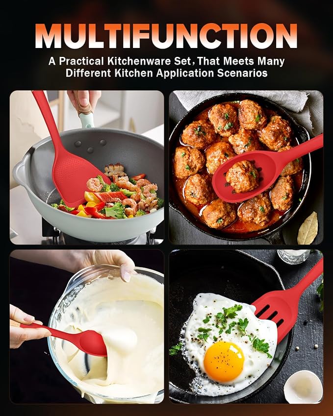 Silicone Cooking Utensils Set, Perfectly Angled for Frying, Mixing,Serving,Draining,Turning and Stirring, BPA-Free Matte Silicone, Wood Handles, Safe for Nonstick Cooking Surfaces,4 Pack (Red) - Image 3