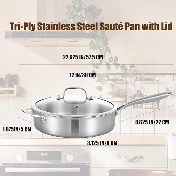 LOLYKITCH 6 QT Tri-Ply Stainless Steel Sauté Pan with Lid,Deep Frying Pan,Large Skillet,Jumbo Cooker,Induction Cooking Pan,Oven Safe and Detachable Handle. - Image 6