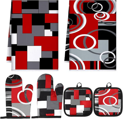 Jingmore 6 Pcs Kitchen Decor Set Accessorie Farmhouse Kitchen Towels Pot Holders Oven Mitts Set 2 Dish Towels 2 Pot Holders 2 Cooking Mittens Oven Glove for Cooking(Red and Black,Geometric) by Jingmore