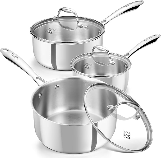 KOCH SYSTEME CS Triply Stainless Steel Saucepan Set, 1QT & 2QT & 3QT Stainless Steel Pot Set with lid, Diswasher & Oven Safe, Induction Compatible Pot, 6PCS