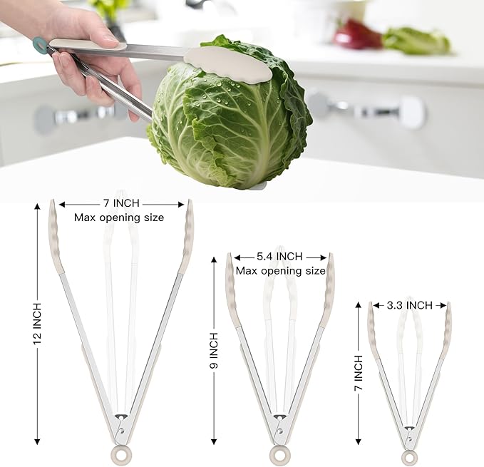 HOTEC Premium Stainless Steel Locking Kitchen Tongs with Silicon Tips, Set of 3-7", 9" and 12" (Khaki) - Image 7