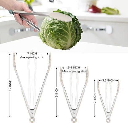 HOTEC Premium Stainless Steel Locking Kitchen Tongs with Silicon Tips, Set of 3-7", 9" and 12" (Khaki) - Image 7