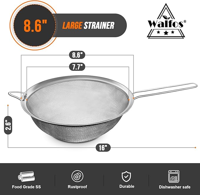 Walfos 8.6 Inch Large Fine Mesh Strainer, Kitchen Metal Food Strainers with Sturdy Handle, Stainless Steel 30 Mesh Sieve Sifters for Rice, Quinoa, Pasta, Fruits, Vegetables, etc. - Image 4
