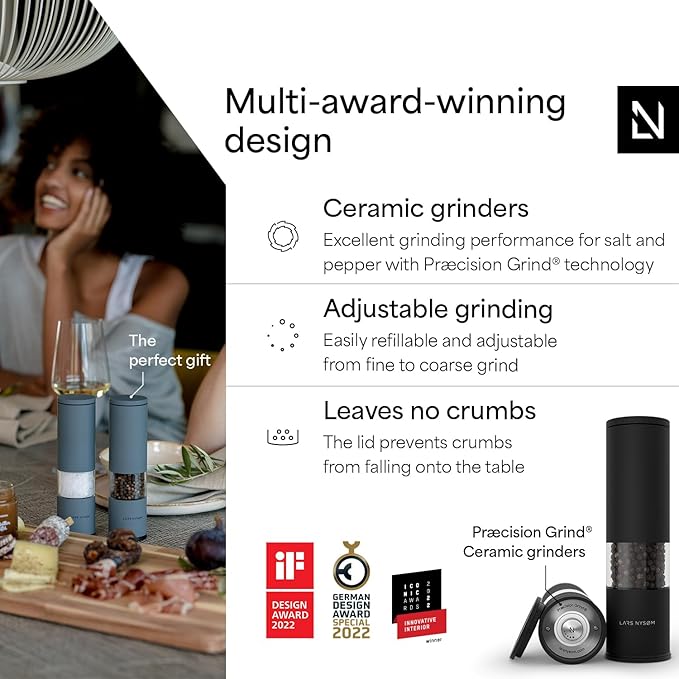 LARS NYSØM Salt and Pepper Grinder Set Manual, Stainless Steel Salt and Pepper Mills with Adjustable Ceramic Grinder I Design Spice Shakers (Carbon Black) - Image 2
