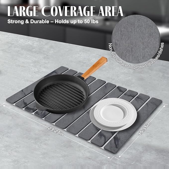 2 PCS Large Stone Dish Drying Mat for Kitchen Counter, 24"×16" Grey Marble Dish Drying Mat with 8"x 4" Coasters, Non - Slip Collapsible Absorbent Stone Dish Drying Mat for Multi - Purpose - Image 4