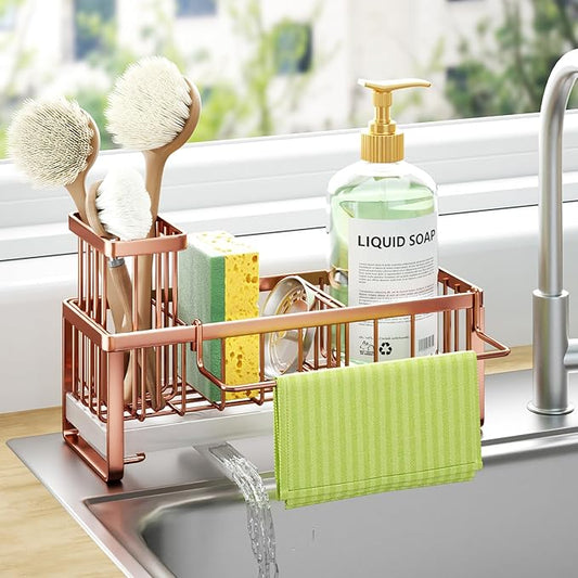 HapiRm Sponge Holder for Kitchen Sink - Self-draining Sink Caddy with Brush and Dishcloth Holders, Stainless Steel Kitchen Organizer for Countertop - Rose Gold by HapiRm