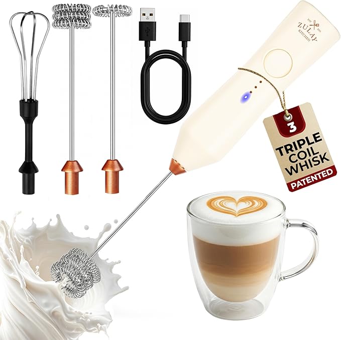 Zulay Kitchen Rechargeable Milk Frother - Dynamic - 3 Speeds, 3 Whisk Attachments, 500 mAh USB Charging, Drink Mixer For Latte, Cappuccino, Matcha, Protein Powder, Coffee Foam - Cream Copper by ZulayKitchen