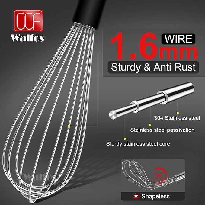 Stainless Steel Whisk Set with 7"+5" Mini whisks, Walfos Heavy Duty Whisks, Kitchen wisk (7+9+11in) Premium for Whisking, Blending, Beating, Frothing & Stirring. - Image 9