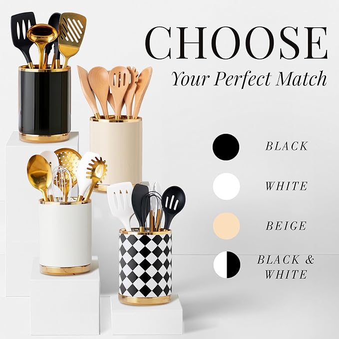 STYLED SETTINGS Black & White Checkered Utensil Holder Set – Large Ceramic Kitchen Utensil Holder for Countertop with Gold Spoon Rest – Stylish Checkered Kitchen Decor & Organizer - Image 8