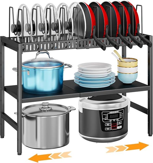 2-Tier Pots and Pans Organizer Under Cabinet,Expandable Pots Lid Organizers Inside Cabinet,Adjustable Metal Storage Shelves Organizer Rack with 10 Dividers For Kitchen Pantry Organization and Storage