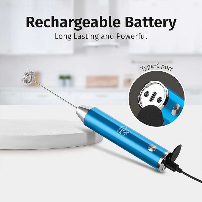 Zulay Kitchen Rechargeable Milk Frother Handheld Lux - Powerful 2-Speed Motor, Waterproof, 2000mAh Battery - Drink Mixer for Latte, Cappuccino, Matcha & Protein Powder - Metallic Blue - Image 7