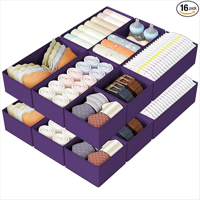 DIMJ Drawer Organizers Clothes, Set of 16 Dresser Organizer Bins, Fabric Closet Organizers and Storage, Shallow Drawer Dividers for Nursery, Clothing, Baby Clothes, Socks, Underwears, Tie (Purple) by DiMJ