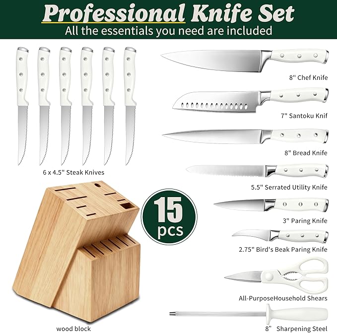 Knife Set, 15 Piece Premium Chef High Carbon Stainless Steel Kitchen Knife Block Set, Razor-sharp, Ergonomic Forged Triple Rivet Handle, Professional Knife Set for Kitchen, Dishwasher Safe(White) - Image 4