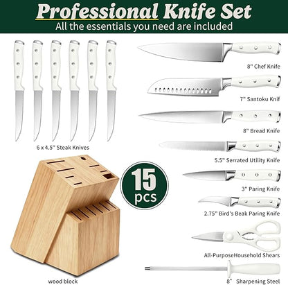 Knife Set, 15 Piece Premium Chef High Carbon Stainless Steel Kitchen Knife Block Set, Razor-sharp, Ergonomic Forged Triple Rivet Handle, Professional Knife Set for Kitchen, Dishwasher Safe(White) - Image 4